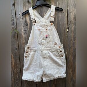 Wrangler Cream Bib Short Overalls with Embroidered Patch Women’s Size Medium